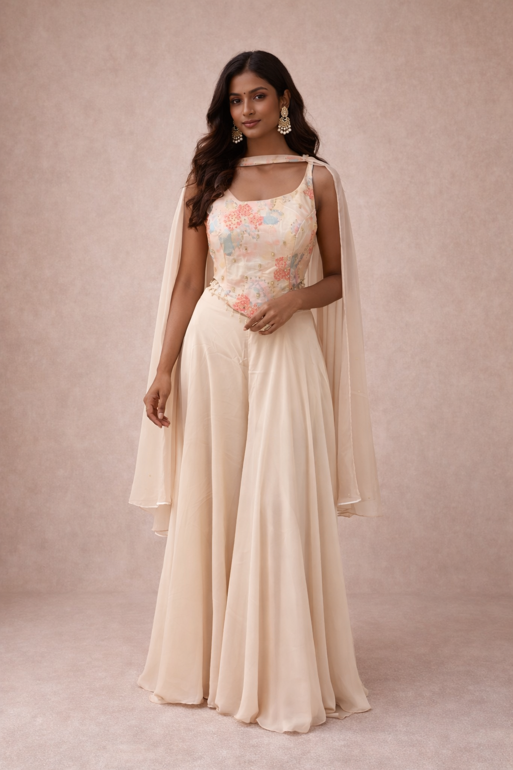 Ivory Silk Floral Co-ord Set with Cape Dupatta